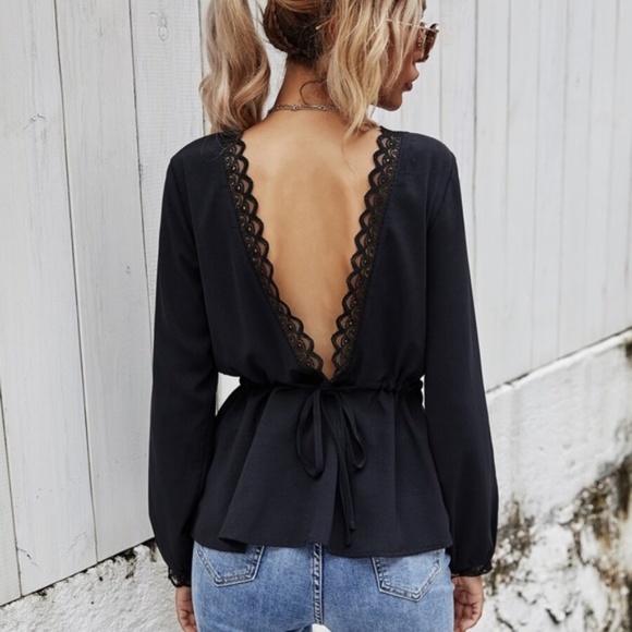 Open back babydoll long sleeve black blouse - Picture 2 of 6